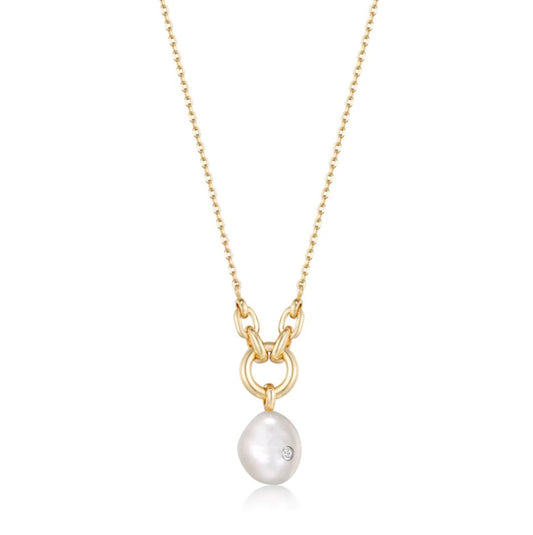 Sterling Silver- Gold Tone Pearl Sparkle Pendant Necklace - Ania Haie