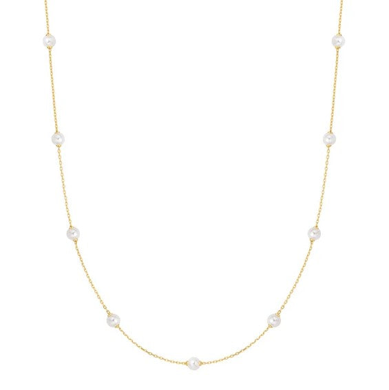 Gold Tone Shell Pearl Station Chain Necklace