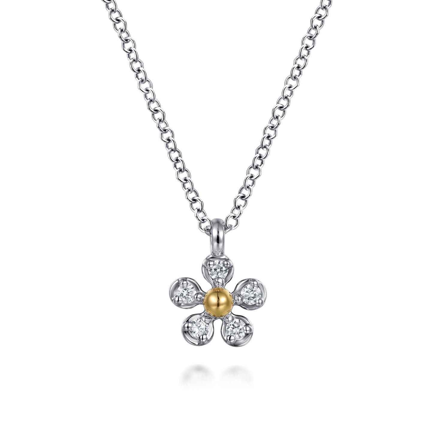 Sterling Silver & 14K Yellow Gold Diamond Flower Pendant Necklace