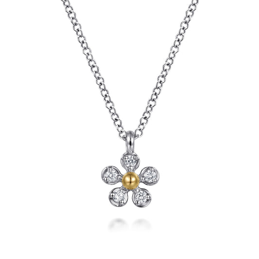 Sterling Silver & 14K Yellow Gold Diamond Flower Pendant Necklace