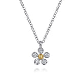 Sterling Silver & 14K Yellow Gold Diamond Flower Pendant Necklace