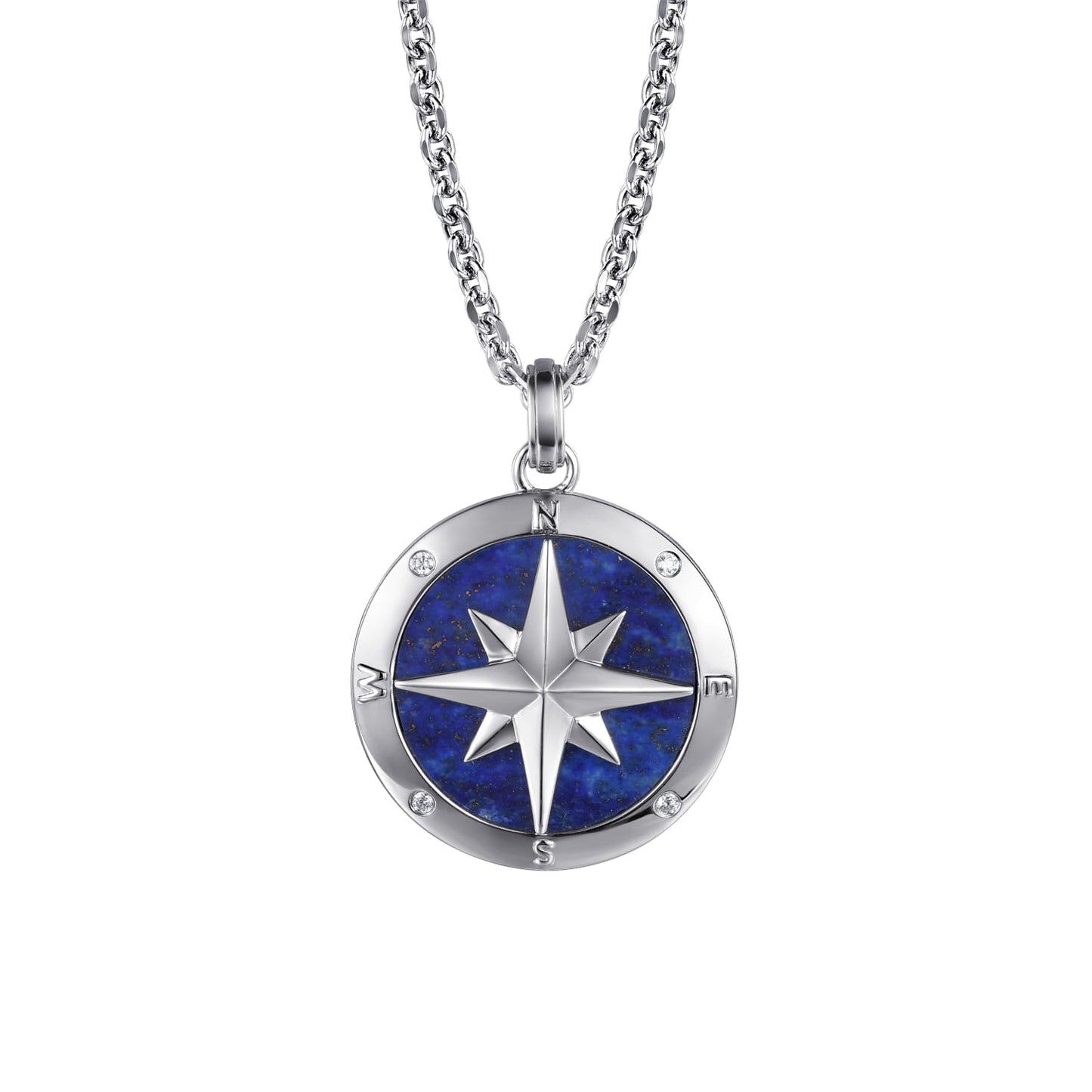Sterling Silver Diamond & Lapis Compass Pendant Necklace