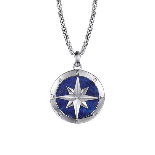 Sterling Silver Diamond & Lapis Compass Pendant Necklace