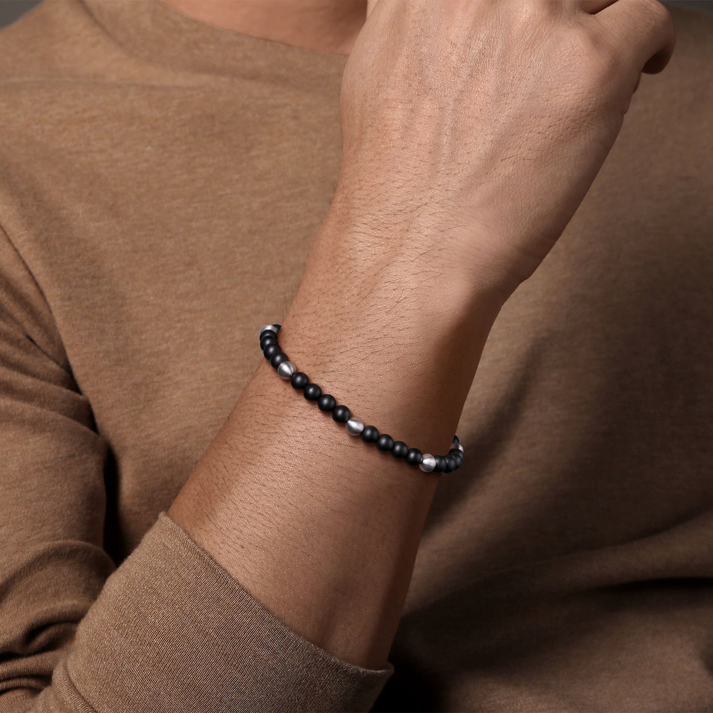 Sterling Silver & Black Titanium 6mm Beaded Bracelet With Sandblast Finish