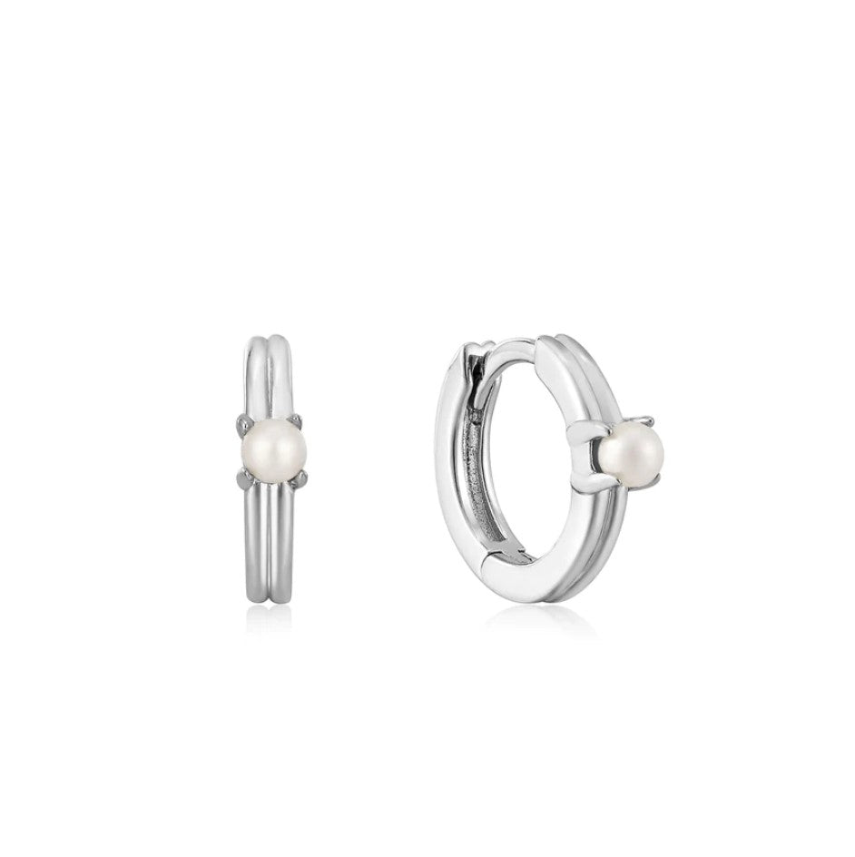 Sterling Silver Pearl Cabochon Huggie Hoop Earring