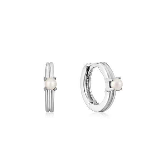Sterling Silver Pearl Cabochon Huggie Hoop Earring