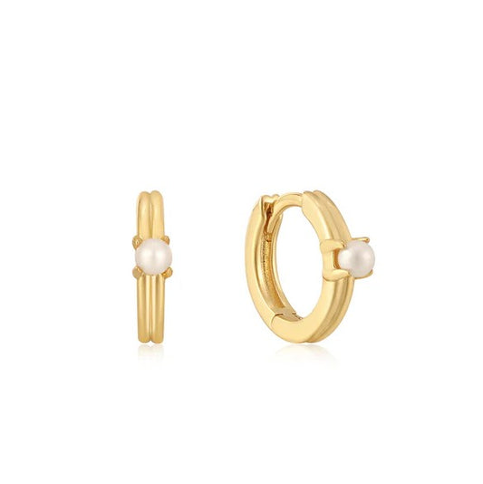 Gold Plated Pearl Cabochon Huggie Hoop Earrings
