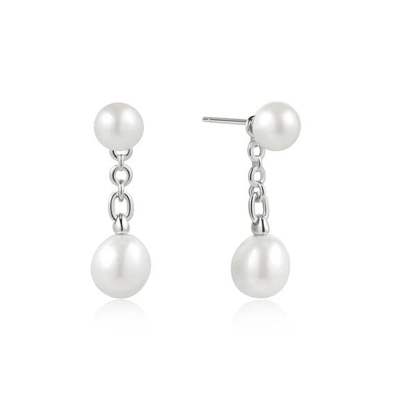 Pearl Stud W/Dangle Pearl On Chain Earrings