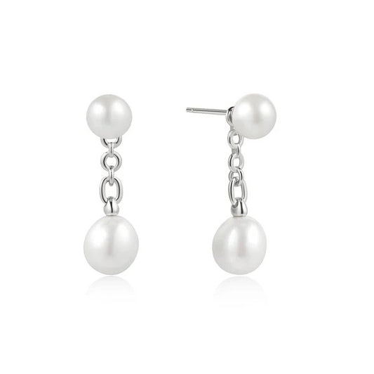 Pearl Stud W/Dangle Pearl On Chain Earrings