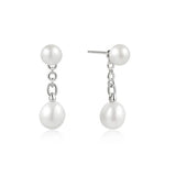 Pearl Stud W/Dangle Pearl On Chain Earrings