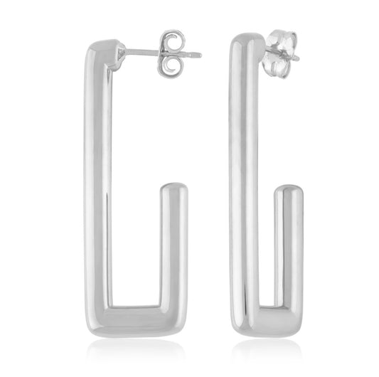 Sterling Silver Long Flat Rectangle Hoop Earrings