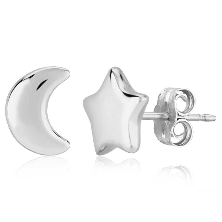 Sterling SIlver 8mm Flat Star & Moon Stud Earrings