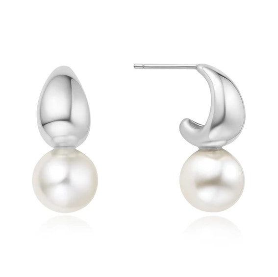 Silver Pearl Dome Hoop Earrings