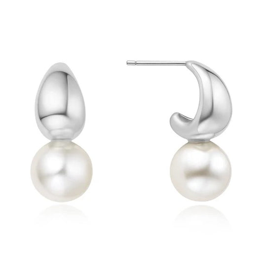 Silver Pearl Dome Hoop Earrings