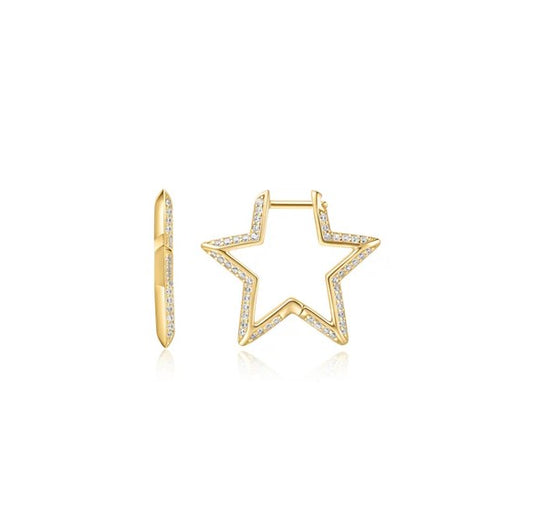 Gold Tone Medium Star Pave Hoop Earrings