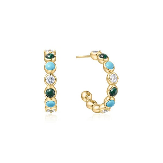 Gold Tone Malachite & Turquoise Open Hoop Earrings