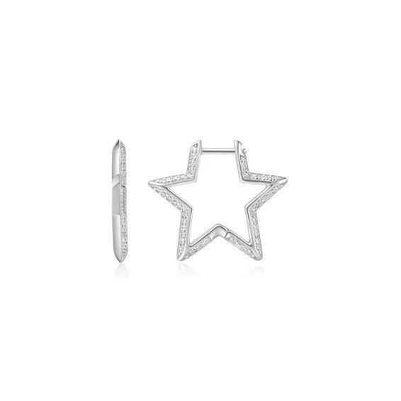 Silver Medium Star Pave Hoop Earrings