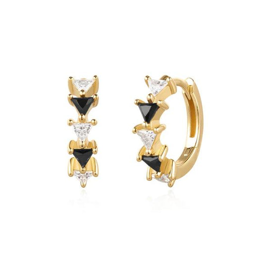 Sterling Silver Gold Plated Black & White Stone Hoop Earrings - Ania Haie