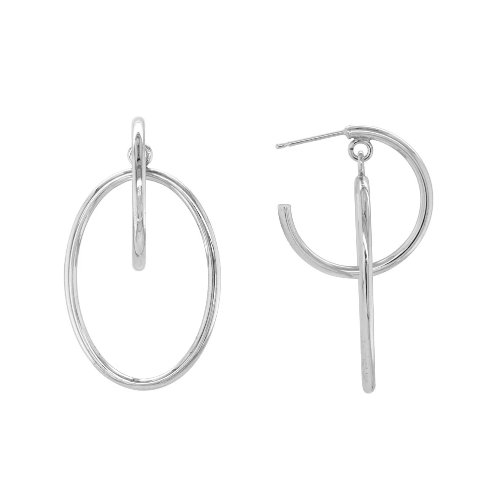 Sterling Silver Large Open Hoop with Dangling Oval Drop Earring