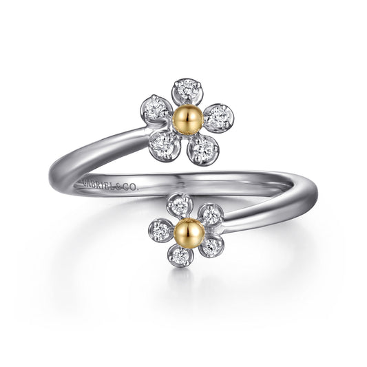 Sterling Silver & 14K Yellow Gold Diamond Flower Bypass Ring