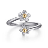 Sterling Silver & 14K Yellow Gold Diamond Flower Bypass Ring