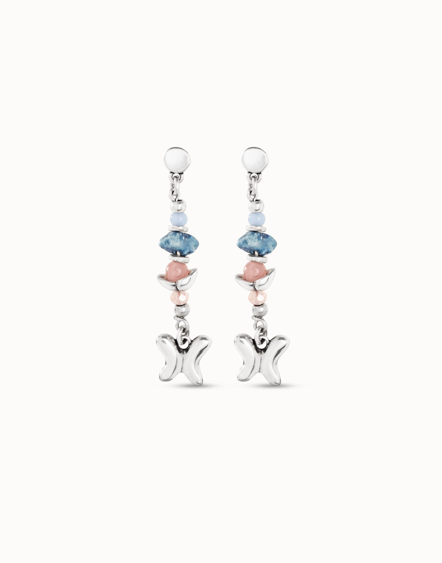 UNOde50 Silver Drop Earrings with Blue & Pink Stones