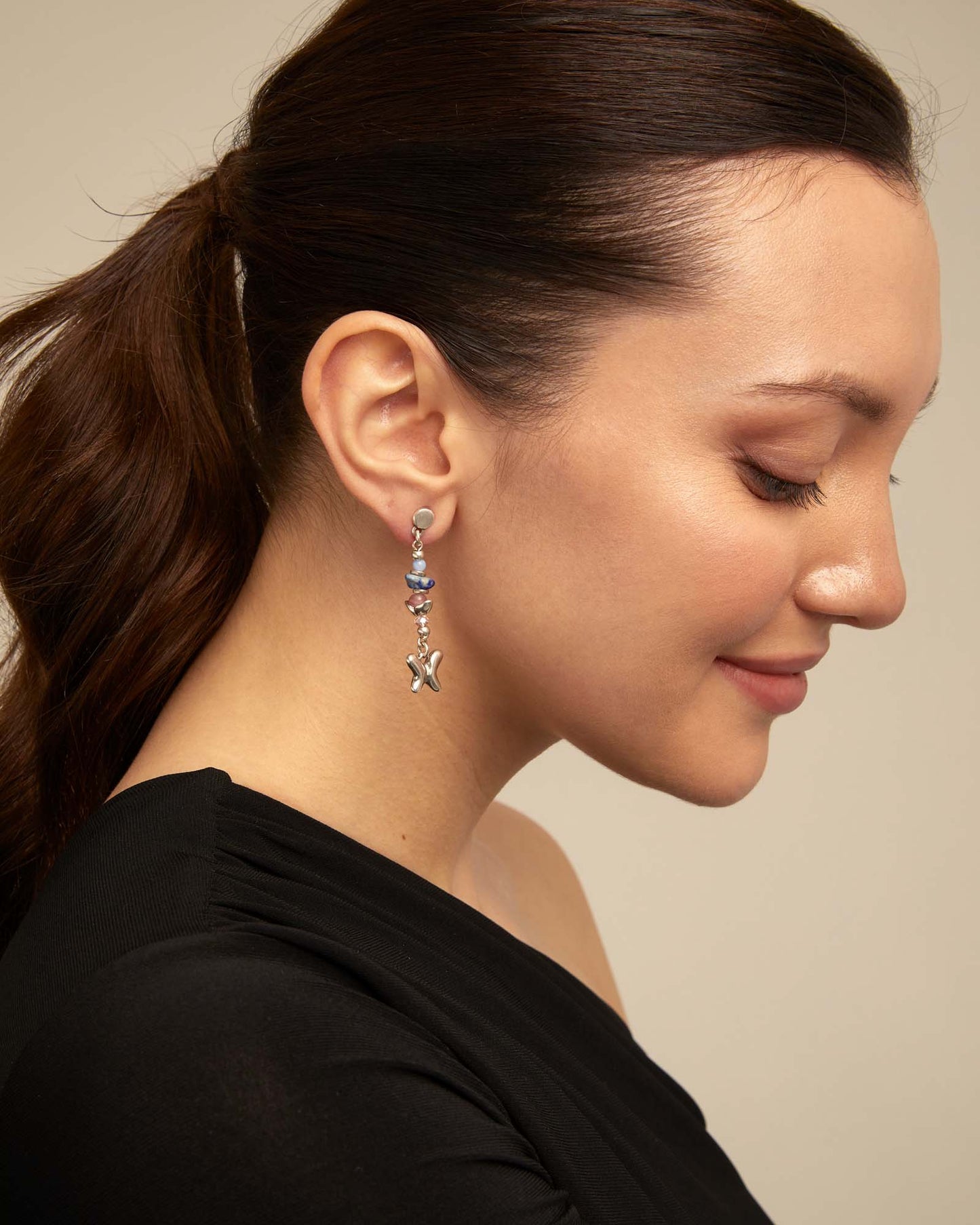 UNOde50 Silver Drop Earrings with Blue & Pink Stones