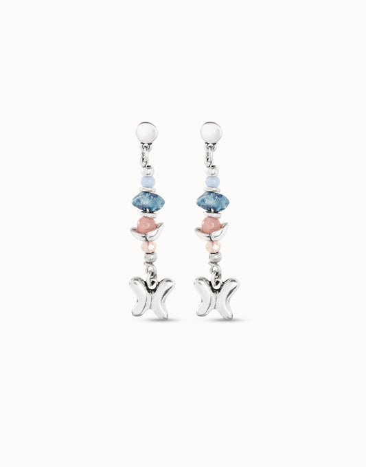 UNOde50 Silver Drop Earrings with Blue & Pink Stones