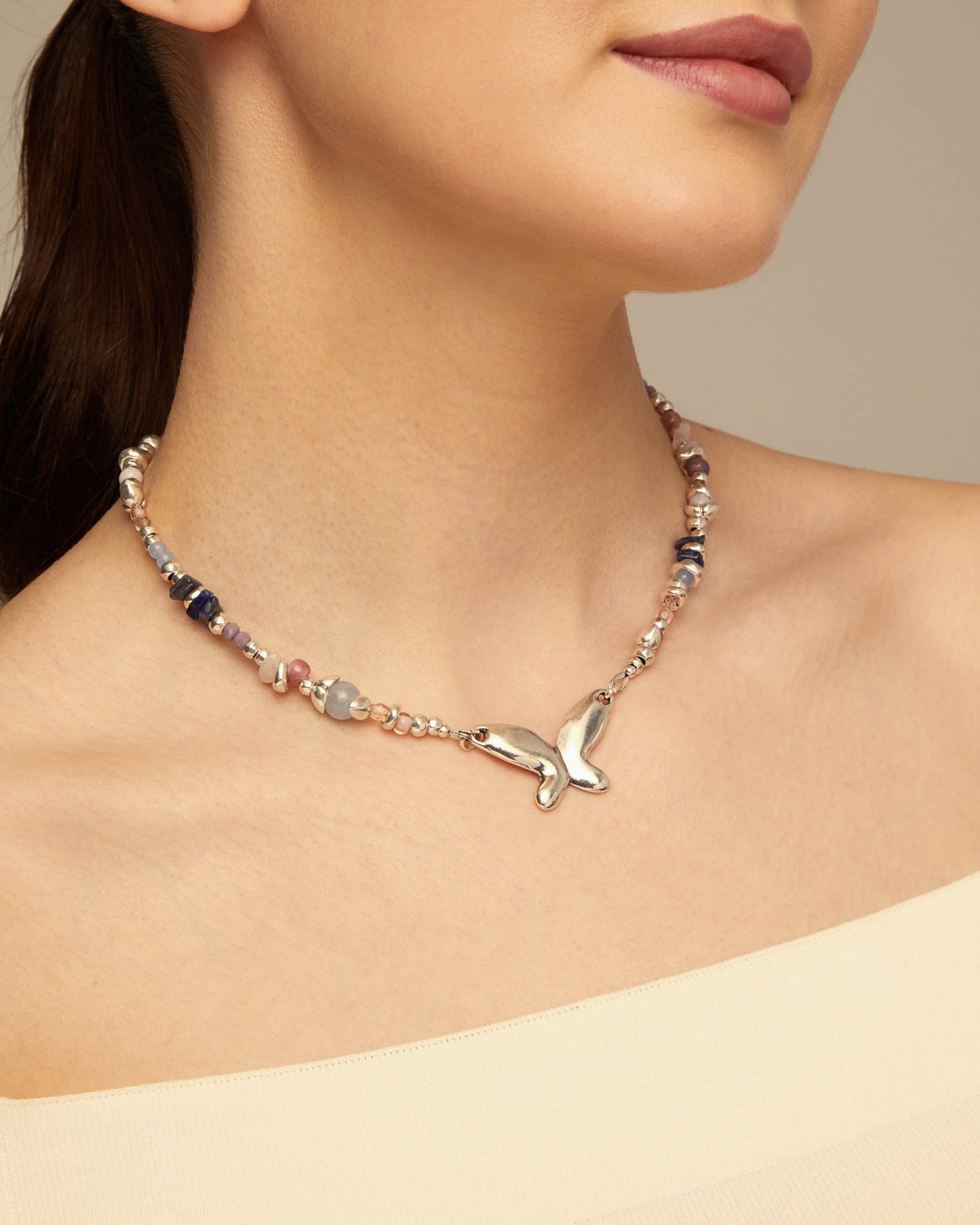 UNOde50 Silver Small Beaded Necklace with Blue & Pink Stones