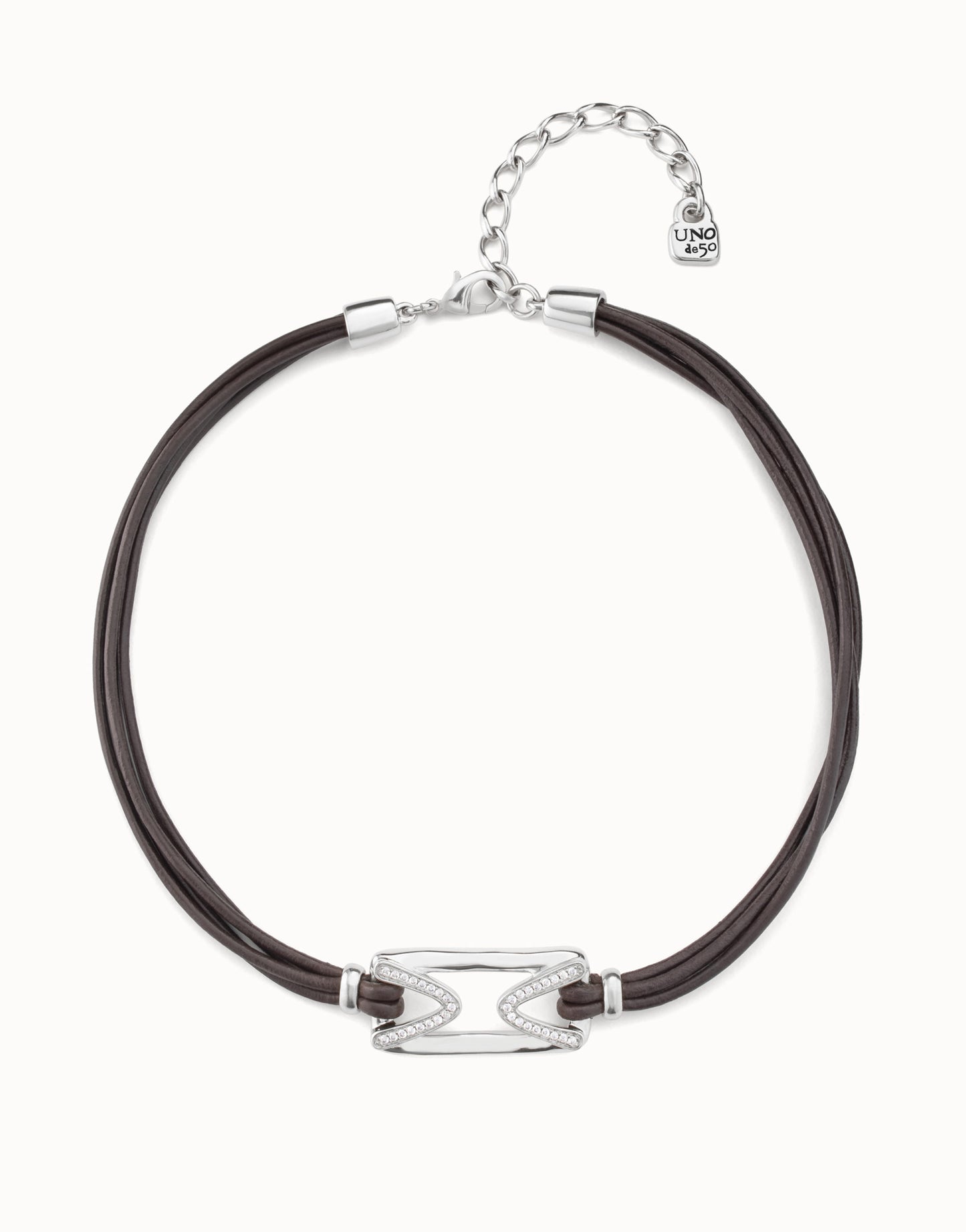 UNOde50 Leather Choker Necklace with Silver Bar and Stone