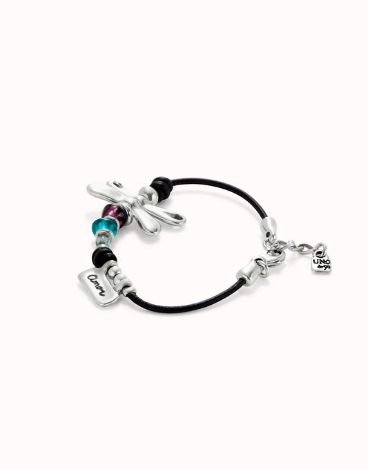 UnoDe50 Leather Dragon Fly Bracelet with Colored Beads