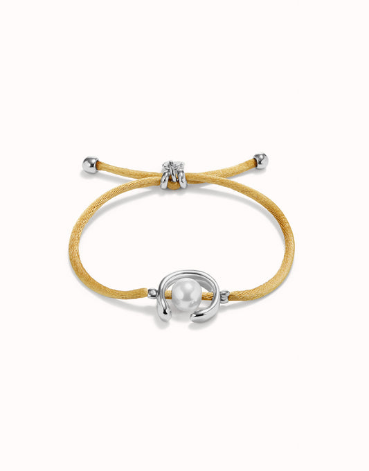 Tan String with Silver & Pearl Bracelet