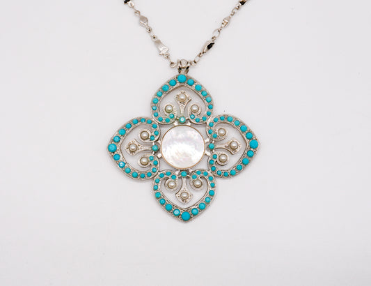 Mariana Silver Tone Turqoise & White Pearl Pendant