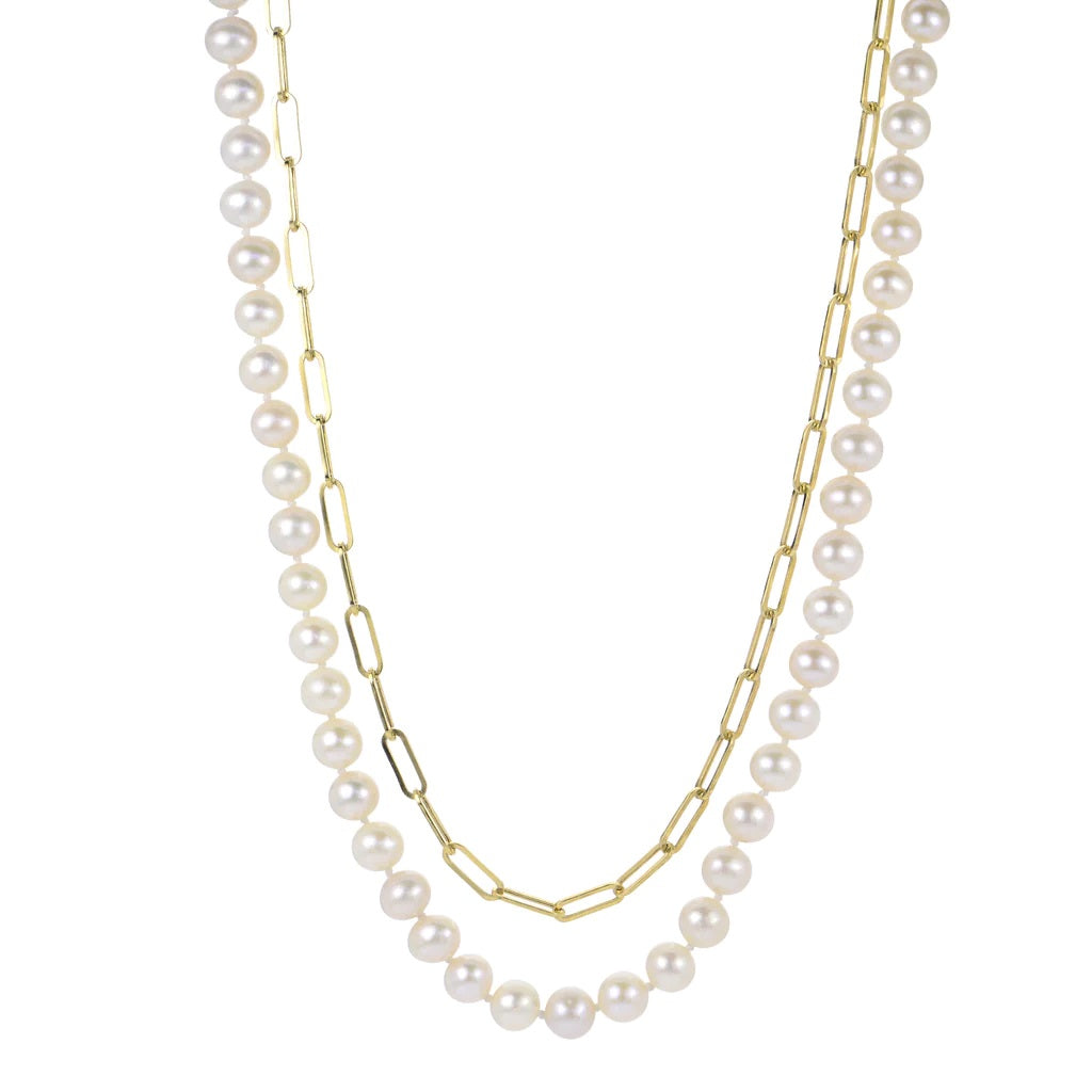 Freshwater Pearls & Paperclip Chain Layered Necklace