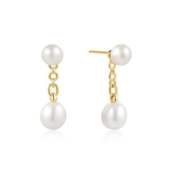 Gold Plate Fresh Water Pearl Stud W/Dangle Pearl On Chain Earrings