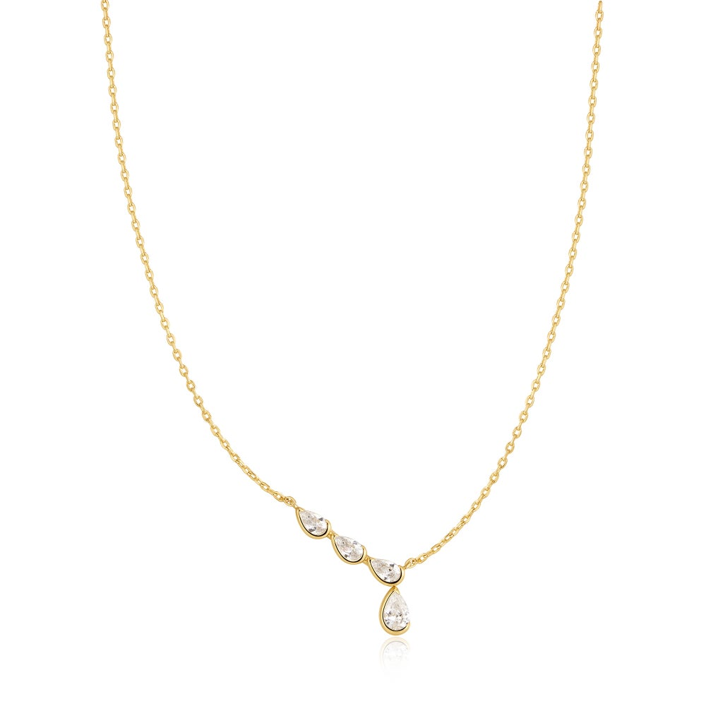 Gold Half-Bezel Angled & Dangle Teardrop Necklace