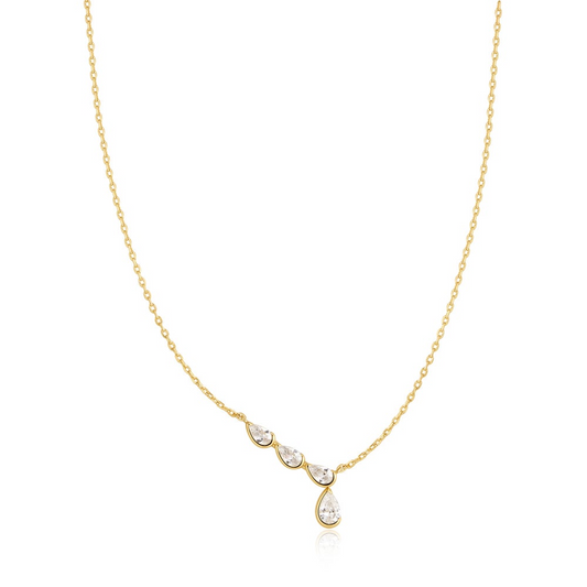 Gold Half-Bezel Angled & Dangle Teardrop Necklace