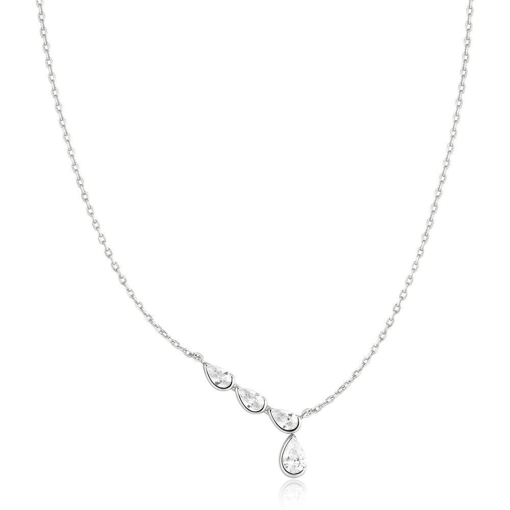 Silver Half-Bezel Angled & Dangle Teardrop Necklace