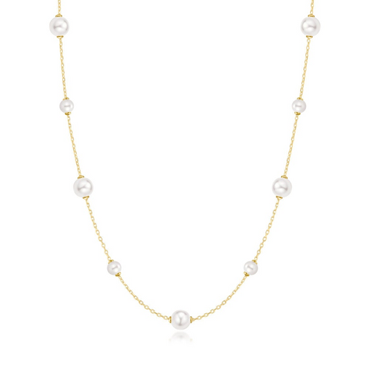 Gold Alternating Shell Pearl Station Necklace