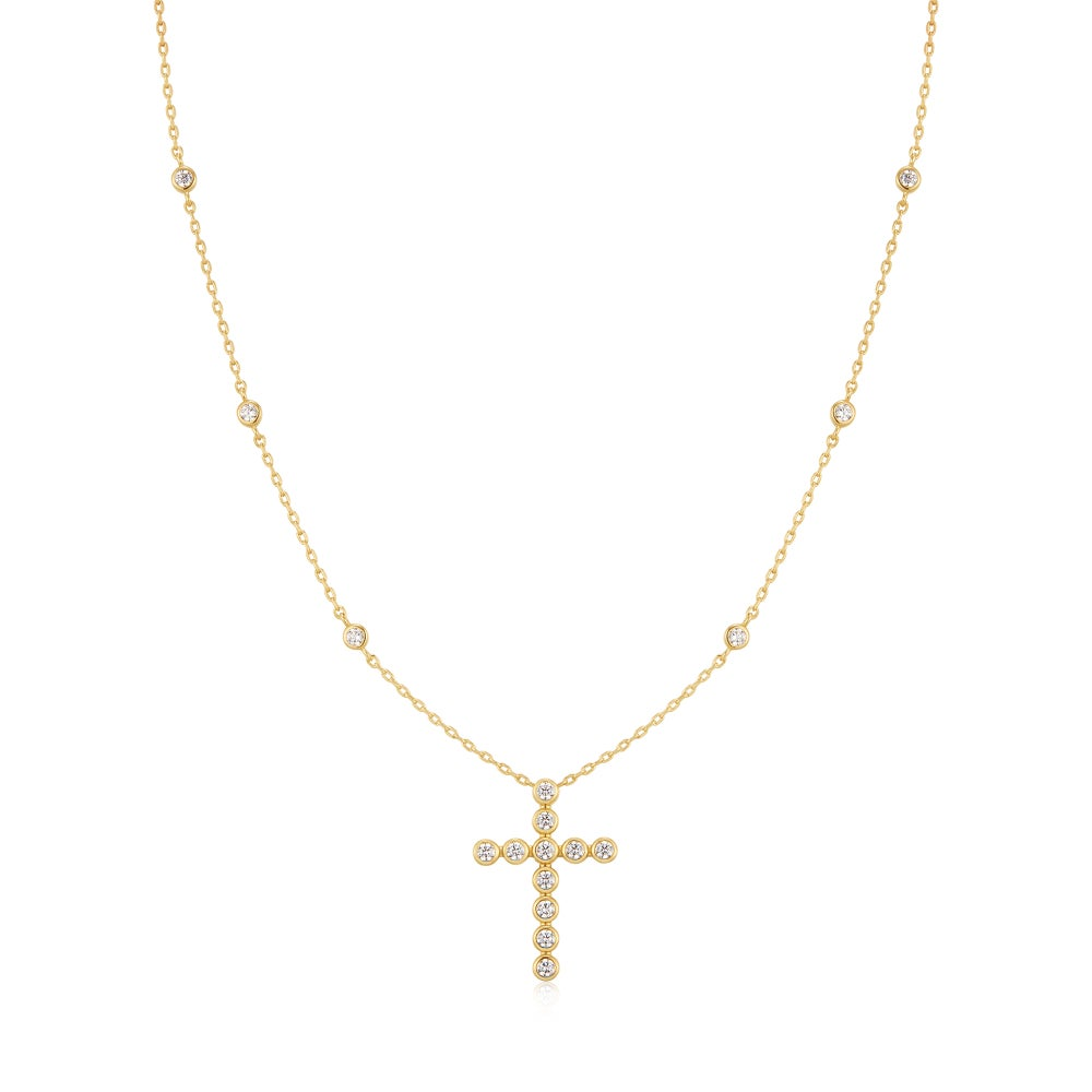 Gold Bezel-Set Station Necklace with Cross Pendant