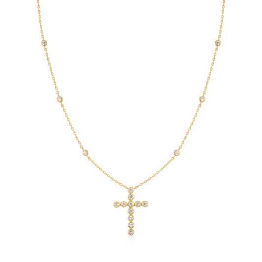 Gold Bezel-Set Station Necklace with Cross Pendant