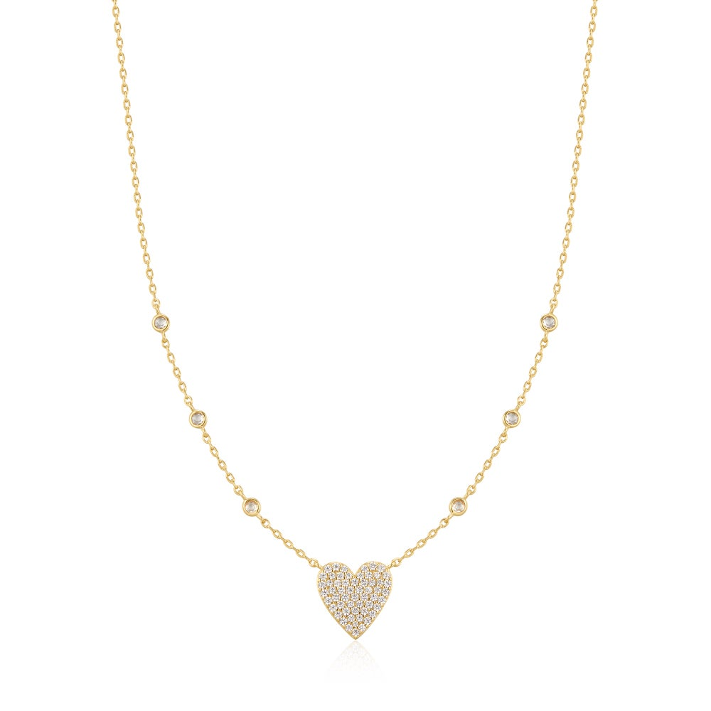Gold Pavé Heart with Bezel Station Necklace