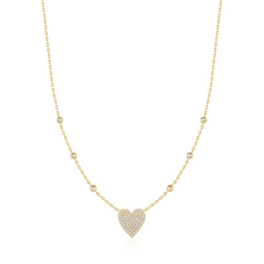 Gold Pavé Heart with Bezel Station Necklace