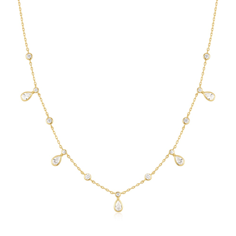 Gold Bezel Round & Teardrop Drop Station Necklace