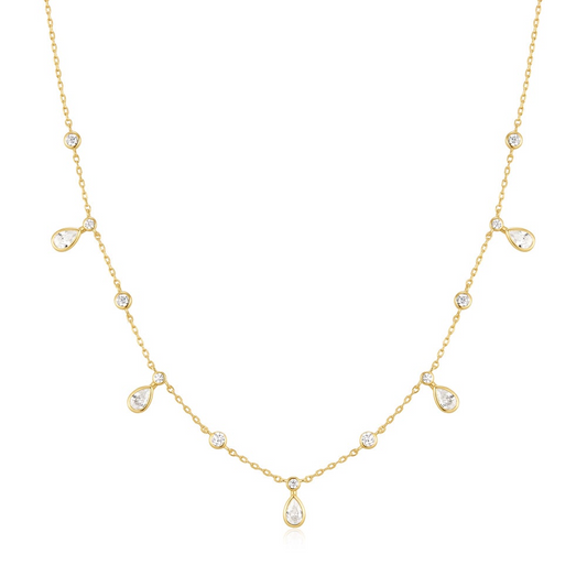 Gold Bezel Round & Teardrop Drop Station Necklace