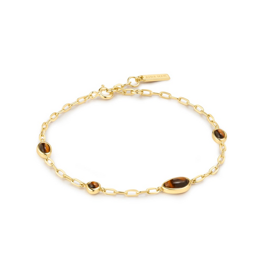 Gold Bezel Tiger’s Eye Pebble Station Bracelet