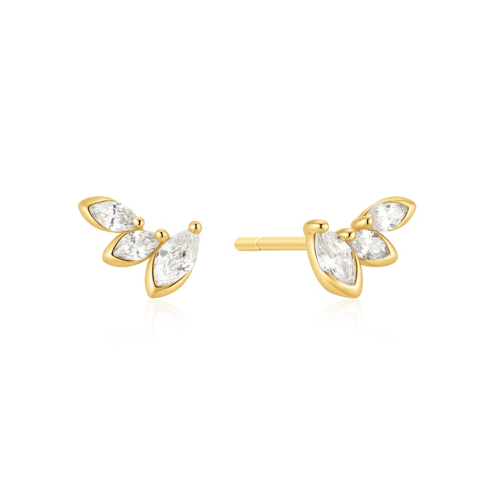 Gold Half-Bezel Triple Marquise Stud Earrings