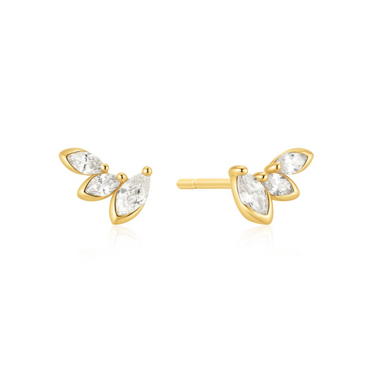 Gold Half-Bezel Triple Marquise Stud Earrings