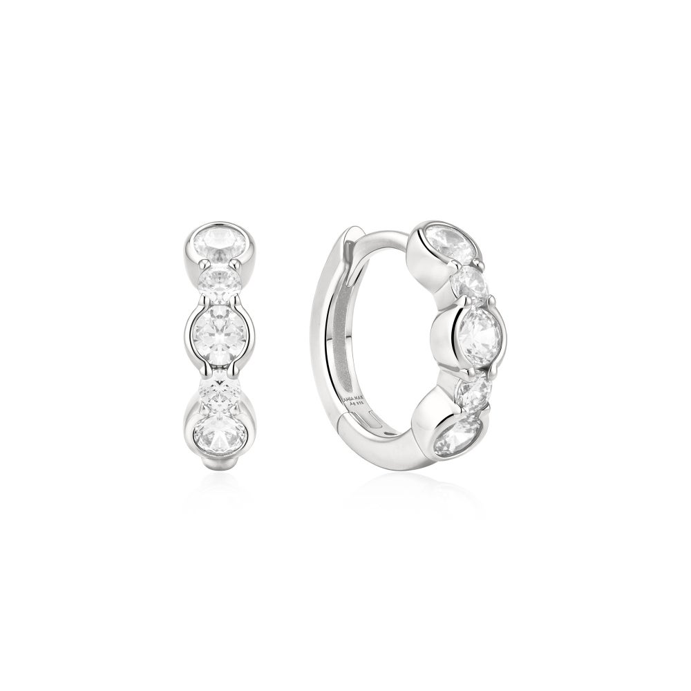 Silver Alternating Half-Bezel Huggie Hoop Earrings