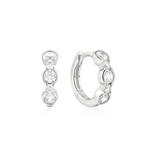 Silver Alternating Half-Bezel Huggie Hoop Earrings